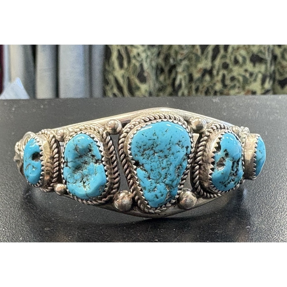 Vintage Native American Navajo Kingman Turquoise Silver Cuff Bracelet 43g - Picture 3 of 9